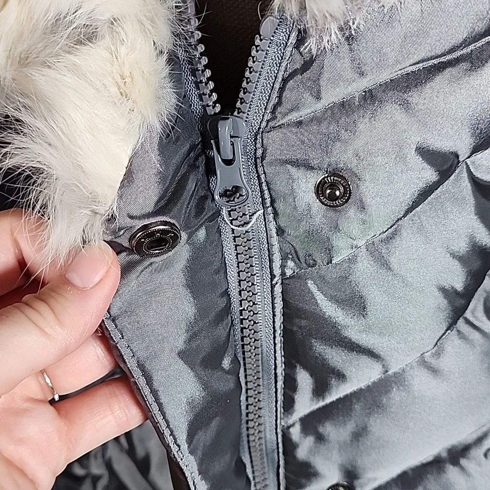 Bebe Rabbit Fur Trimmed Silver Puffer Jacket Coat